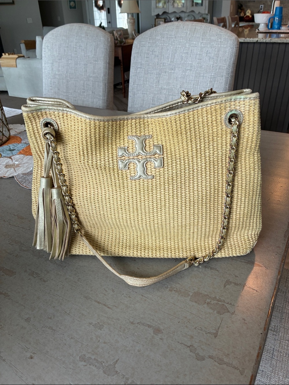 Tory Burch Straw Shoulder Tote with Gold Trim and Tassel